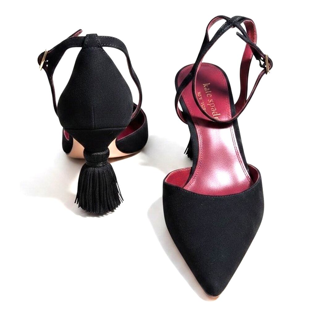 Kate Spade Voila Black Suede Tassel Kitten Heel pointed toe Slingback Luxury 8